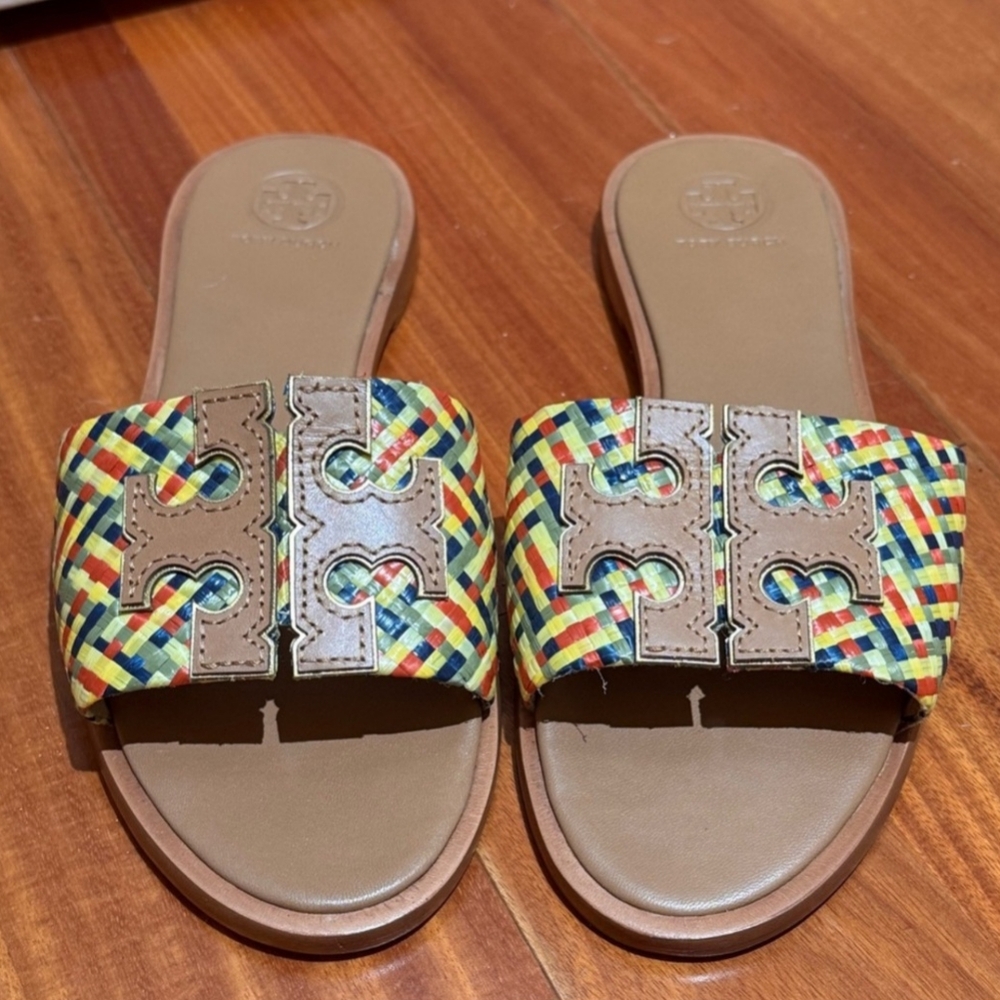 Tory Burch Rafia And Leather Ines Multicolor Slide Sandals 8 - Picture 2 of 9